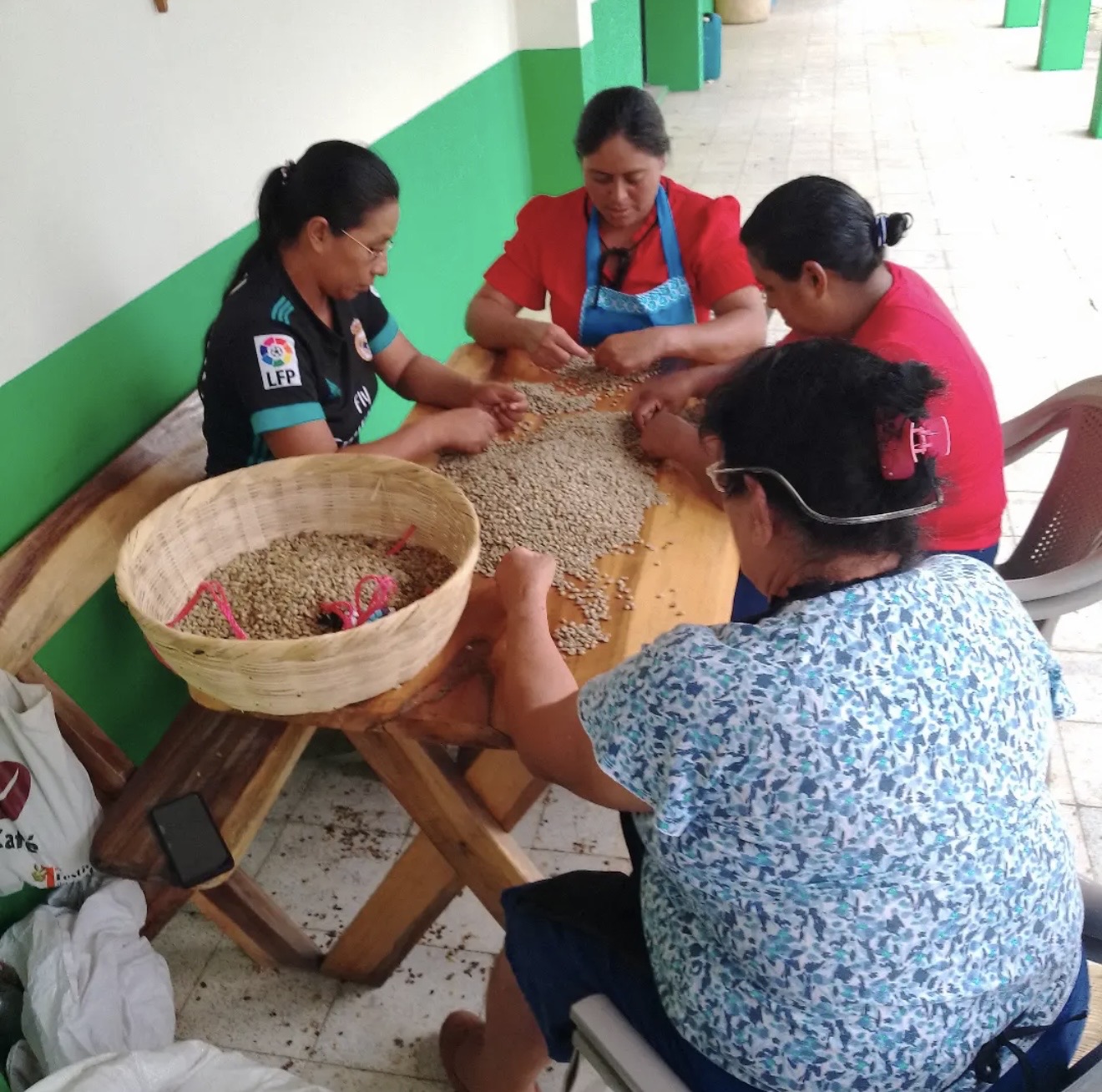 Personas seleccionando granos de café salvadoreño